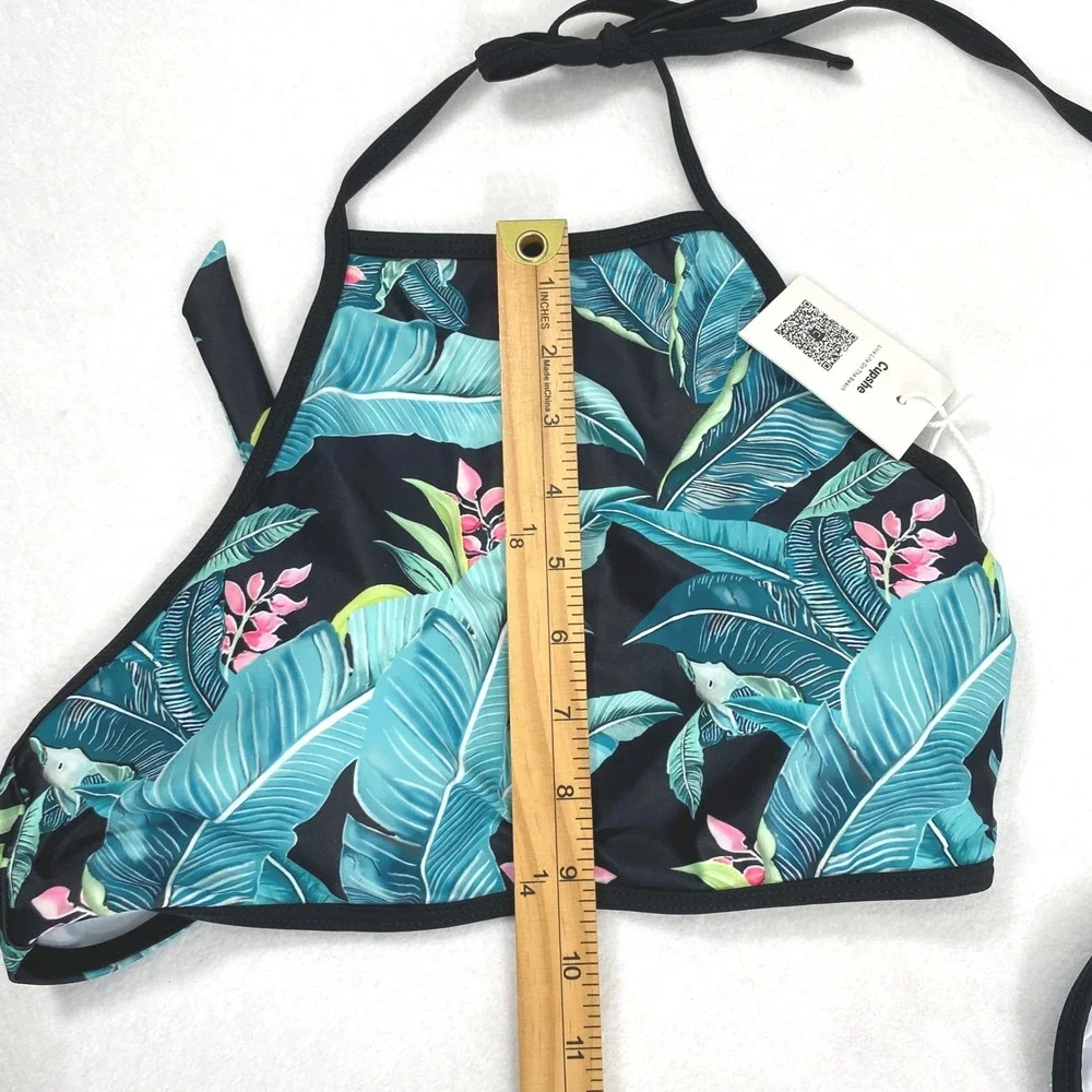 Cupshe Tropical Palm Leaf Bikini Set Women Large High Neck Halter Beach Swimwear